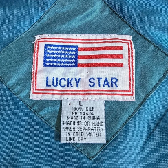 Lucky Star Vintage 100% Silk Luxury Lightweight Unisex Bomber Jacket Size L Teal - Picture 5 of 11